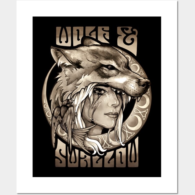 Wolf & Swallow - Art Nouveau [SEPIA] Wall Art by Lix